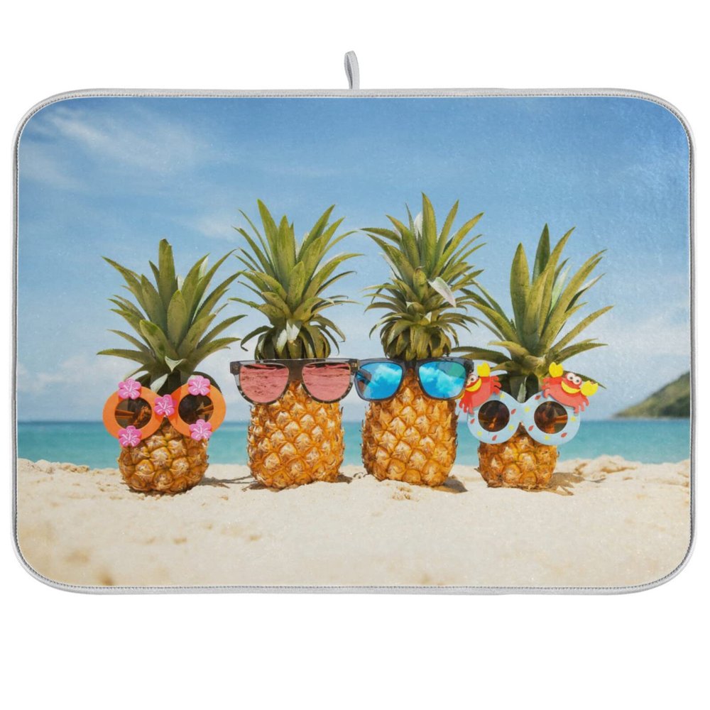 Absorbent Dish Drying Mat for Kitchen Counter - Pineapple Beach Microfiber Drying Pad, Reversible Drainer Mats for Countertop, Lager 18 x 24 inch