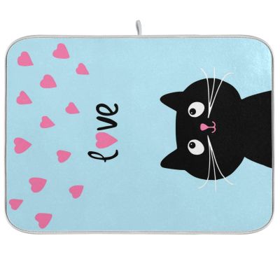 Absorbent Dish Drying Mat for Kitchen Counter - Blue Love Cat Microfiber Drying Pad, Reversible Drainer Mats for Countertop, Lager 18 x 24 inch