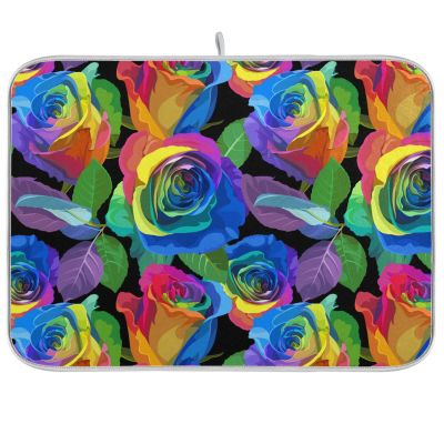 Absorbent Dish Drying Mat for Kitchen Counter - Colorful Rose Vintage Microfiber Drying Pad, Reversible Drainer Mats for Countertop, Lager 18 x 24 inch