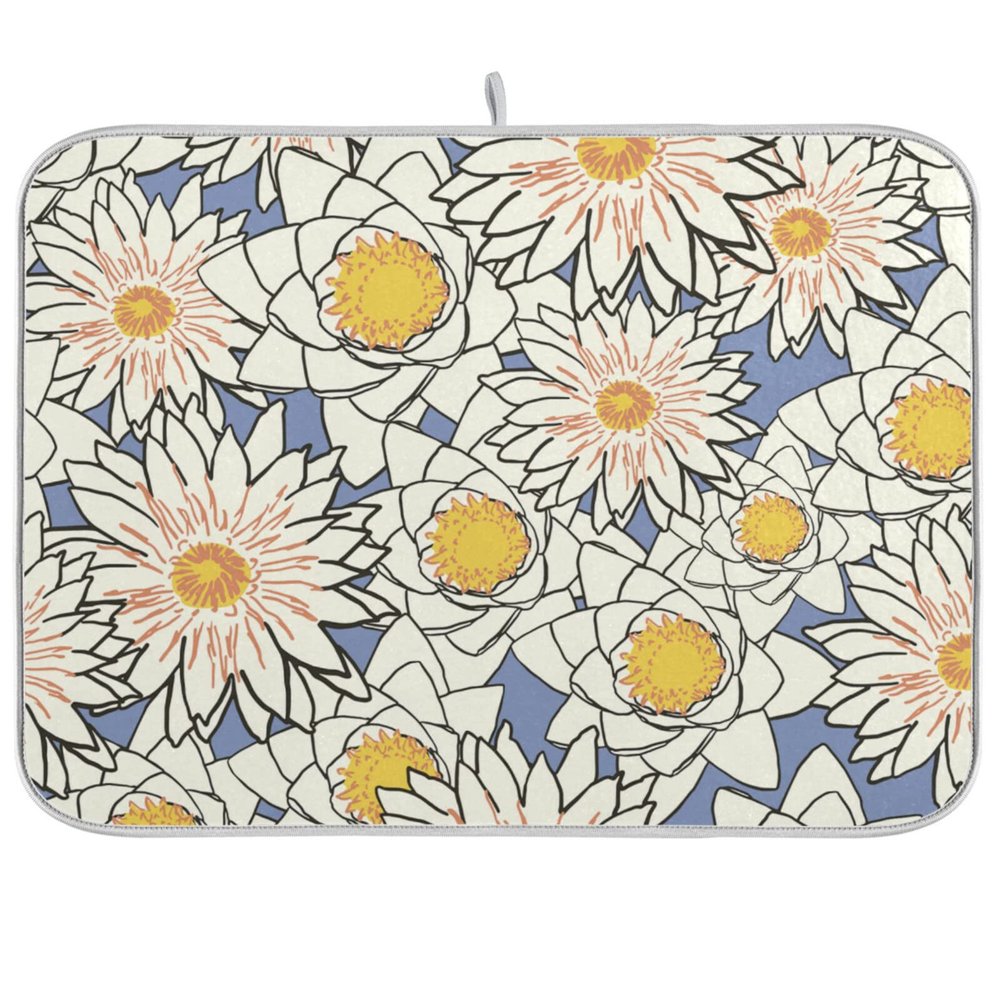 Absorbent Dish Drying Mat for Kitchen Counter - Flowers Lotus Yellow Microfiber Drying Pad, Reversible Drainer Mats for Countertop, Lager 18 x 24 inch