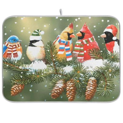 Absorbent Dish Drying Mat for Kitchen Counter - Christmas Birds Snow Microfiber Drying Pad, Reversible Drainer Mats for Countertop, Large 18" x 24"