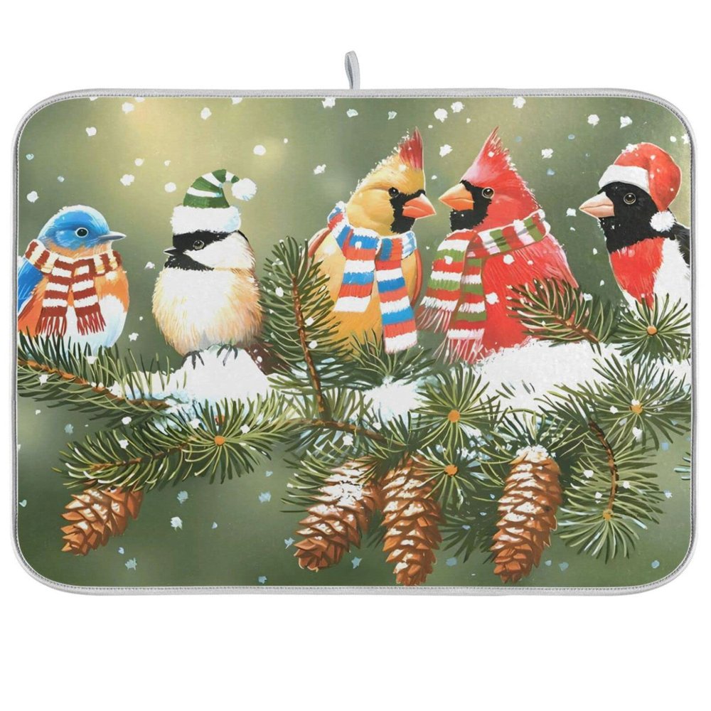 Absorbent Dish Drying Mat for Kitchen Counter - Christmas Birds Snow Microfiber Drying Pad, Reversible Drainer Mats for Countertop, Large 18" x 24"