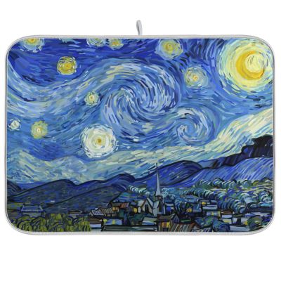 Absorbent Dish Drying Mat for Kitchen Counter - Van Gogh's Starry Sky Blue Microfiber Drying Pad, Reversible Drainer Mats for Countertop, Lager 18 x 24 inch