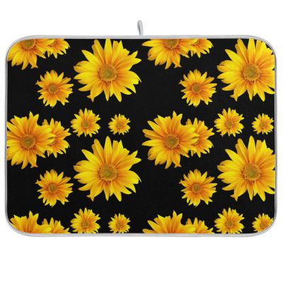 Absorbent Dish Drying Mat for Kitchen Counter - Yellow Sunflower Flowers Black Microfiber Drying Pad, Reversible Drainer Mats for Countertop, Lager 18 x 24 inch
