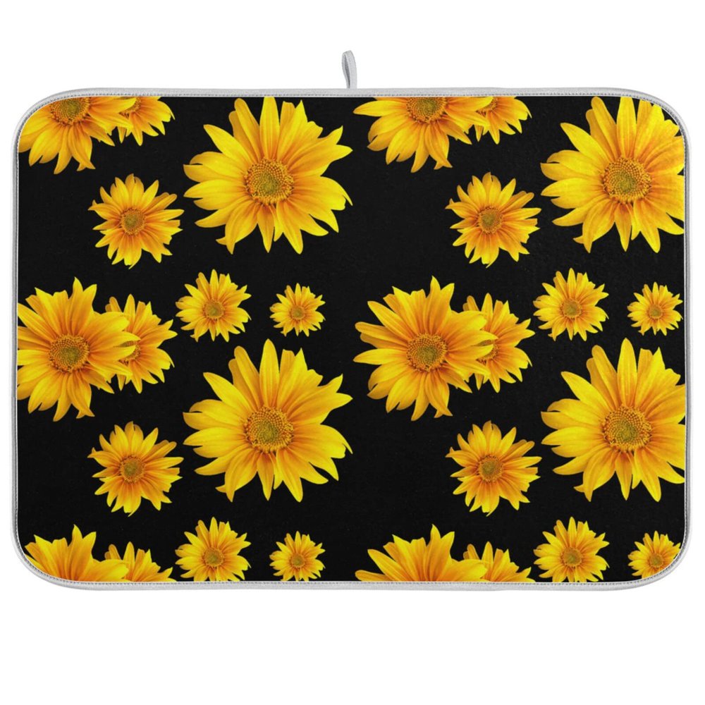 Absorbent Dish Drying Mat for Kitchen Counter - Yellow Sunflower Flowers Black Microfiber Drying Pad, Reversible Drainer Mats for Countertop, Lager 18 x 24 inch
