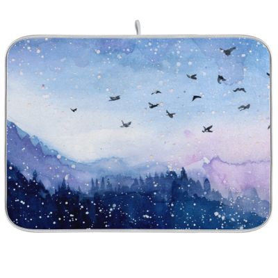 Absorbent Dish Drying Mat for Kitchen Counter - Watercolor Landscape Microfiber Drying Pad, Reversible Drainer Mats for Countertop, Lager 18 x 24 inch