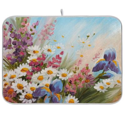 Absorbent Dish Drying Mat for Kitchen Counter - Cute Sunflowers Oil Painting Microfiber Drying Pad, Reversible Drainer Mats for Countertop, Lager 18 x 24 inch