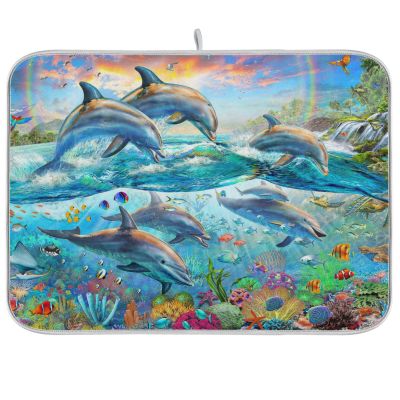 Absorbent Dish Drying Mat for Kitchen Counter - Dolphin Watercolor Summer Microfiber Drying Pad, Reversible Drainer Mats for Countertop, Lager 18 x 24 inch