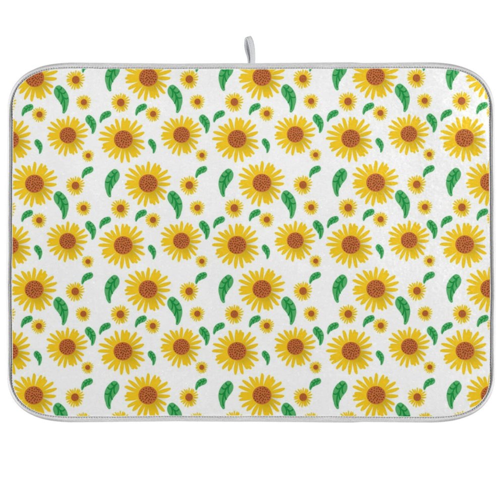 Absorbent Dish Drying Mat for Kitchen Counter - Cute Sunflower Flowers Microfiber Drying Pad, Reversible Drainer Mats for Countertop, Lager 18 x 24 inch