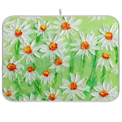 Absorbent Dish Drying Mat for Kitchen Counter - Green Sunflowers Oil Painting Microfiber Drying Pad, Reversible Drainer Mats for Countertop, Lager 18 x 24 inch
