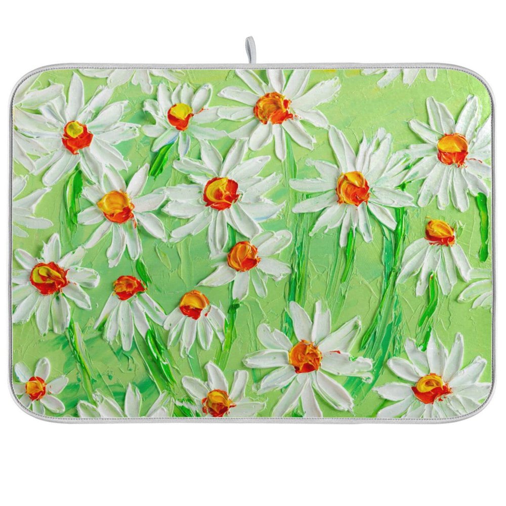 Absorbent Dish Drying Mat for Kitchen Counter - Green Sunflowers Oil Painting Microfiber Drying Pad, Reversible Drainer Mats for Countertop, Lager 18 x 24 inch