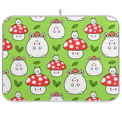 Absorbent Dish Drying Mat for Kitchen Counter - Cartoon Mushroom Rabbit Microfiber Drying Pad, Reversible Drainer Mats for Countertop, Large 18" x 24"