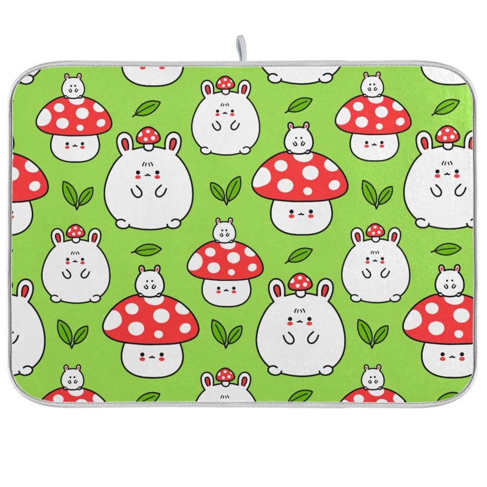 Absorbent Dish Drying Mat for Kitchen Counter - Cartoon Mushroom Rabbit Microfiber Drying Pad, Reversible Drainer Mats for Countertop, Large 18" x 24"