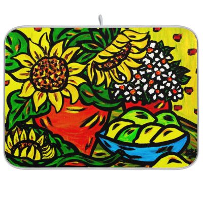 Absorbent Dish Drying Mat for Kitchen Counter - Sunflower Yellow Cute Microfiber Drying Pad, Reversible Drainer Mats for Countertop, Large 18" x 24"