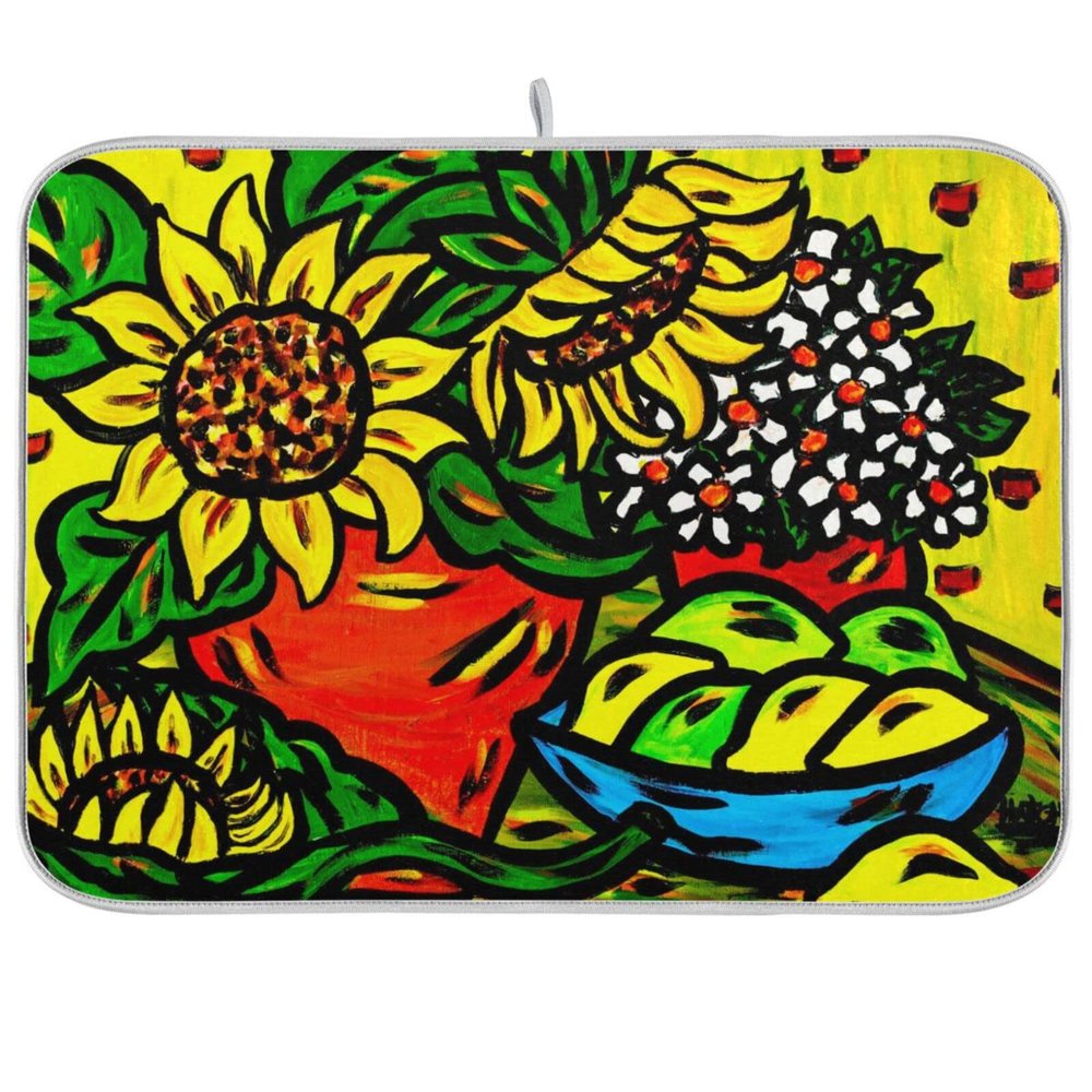 Absorbent Dish Drying Mat for Kitchen Counter - Sunflower Yellow Cute Microfiber Drying Pad, Reversible Drainer Mats for Countertop, Large 18" x 24"