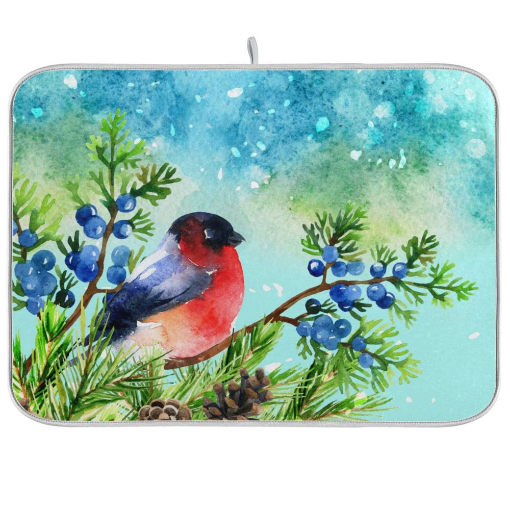 Absorbent Dish Drying Mat for Kitchen Counter - Winter Snow Blue Bird Microfiber Drying Pad, Reversible Drainer Mats for Countertop, Large 18" x 24"
