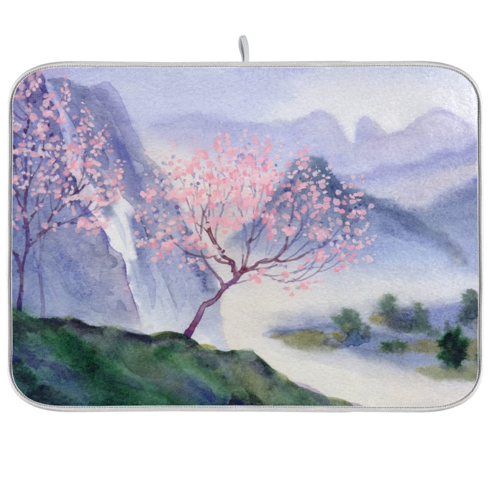 Absorbent Dish Drying Mat for Kitchen Counter - Chinese Painting Colors Microfiber Drying Pad, Reversible Drainer Mats for Countertop, Lager 18 x 24 inch