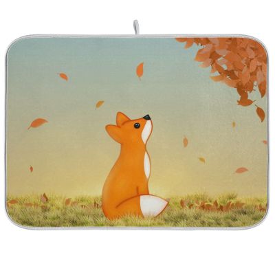 Absorbent Dish Drying Mat for Kitchen Counter - Cute Fox Microfiber Drying Pad, Reversible Drainer Mats for Countertop, Lager 18 x 24 inch