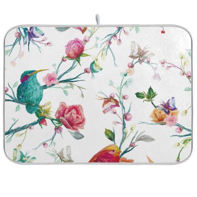 Absorbent Dish Drying Mat for Kitchen Counter - Watercolor Flowers and Birds Microfiber Drying Pad, Reversible Drainer Mats for Countertop, Lager 18 x 24 inch