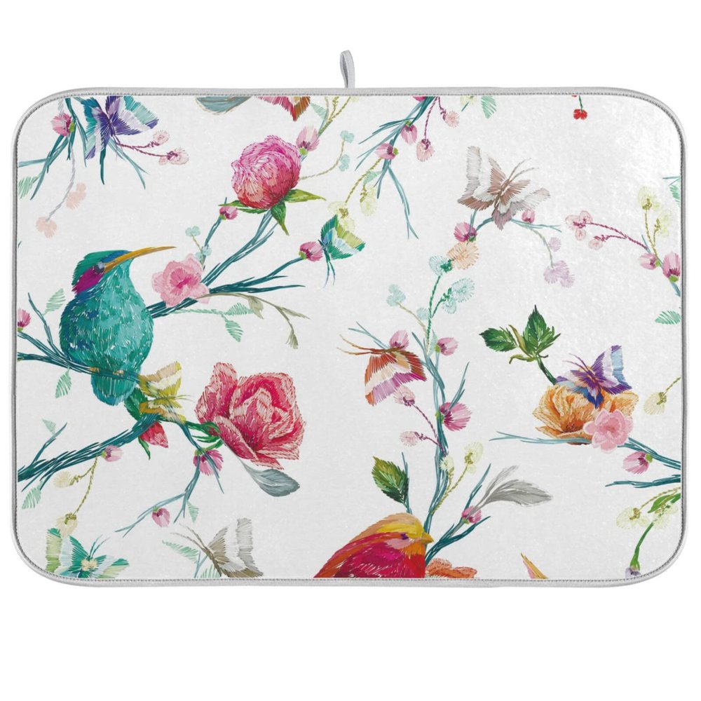 Absorbent Dish Drying Mat for Kitchen Counter - Watercolor Flowers and Birds Microfiber Drying Pad, Reversible Drainer Mats for Countertop, Lager 18 x 24 inch