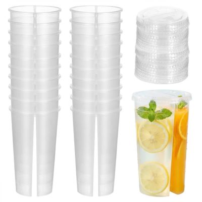 20PCS Disposable Split Cup for Drinks, Round Plastic Drink Cups with Lids, Clear Double Grid Bubble Tea Cup Smoothie Coffee Mug Sharing Tumblers for Milk Tea Juice Party Supplies Valentines Day