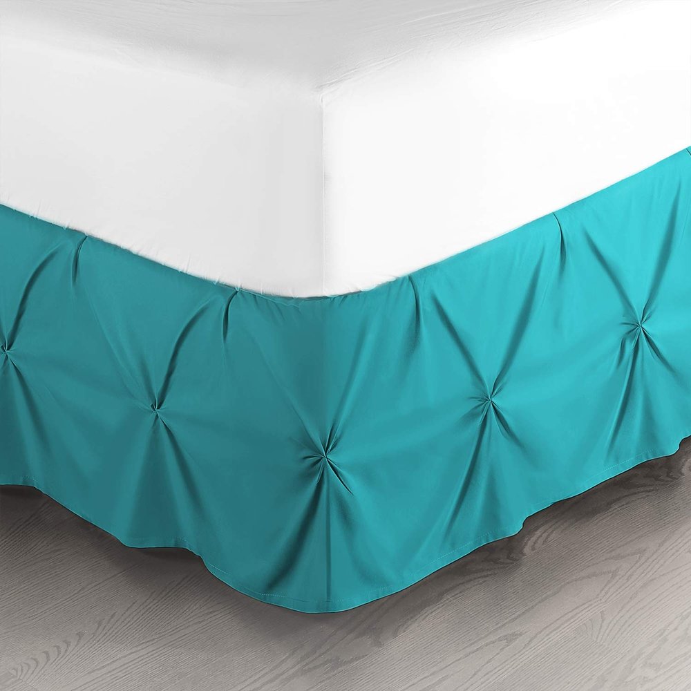 100% Cotton 600 Thread Count Pinch Pleated Bed Skirt, 1 Piece Pinch Pleat Bed Skirt 15" Drop Split Corner Bed Skirt (Queen Size, Teal)