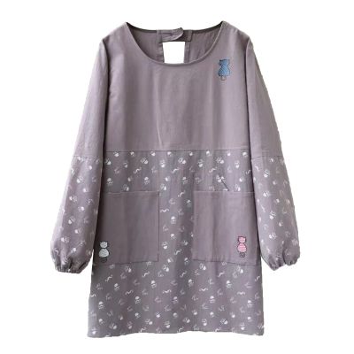 FYYSJW Aprons for Women with Pockets, Cotton And Linen Long Sleeve Aprons,Chef Cooking Cute Work Apron for Teens Adult Smock,Gray,44" Wx34 L