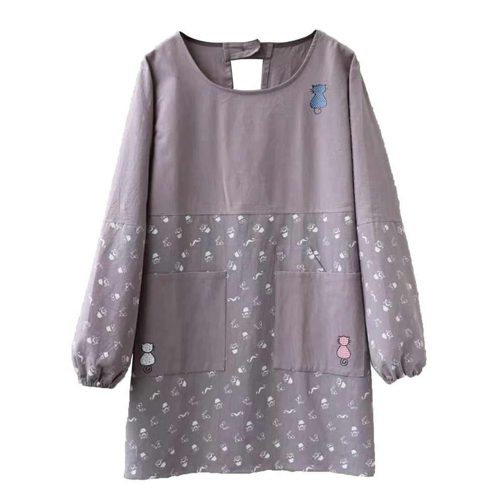 FYYSJW Aprons for Women with Pockets, Cotton And Linen Long Sleeve Aprons,Chef Cooking Cute Work Apron for Teens Adult Smock,Gray,44" Wx34 L