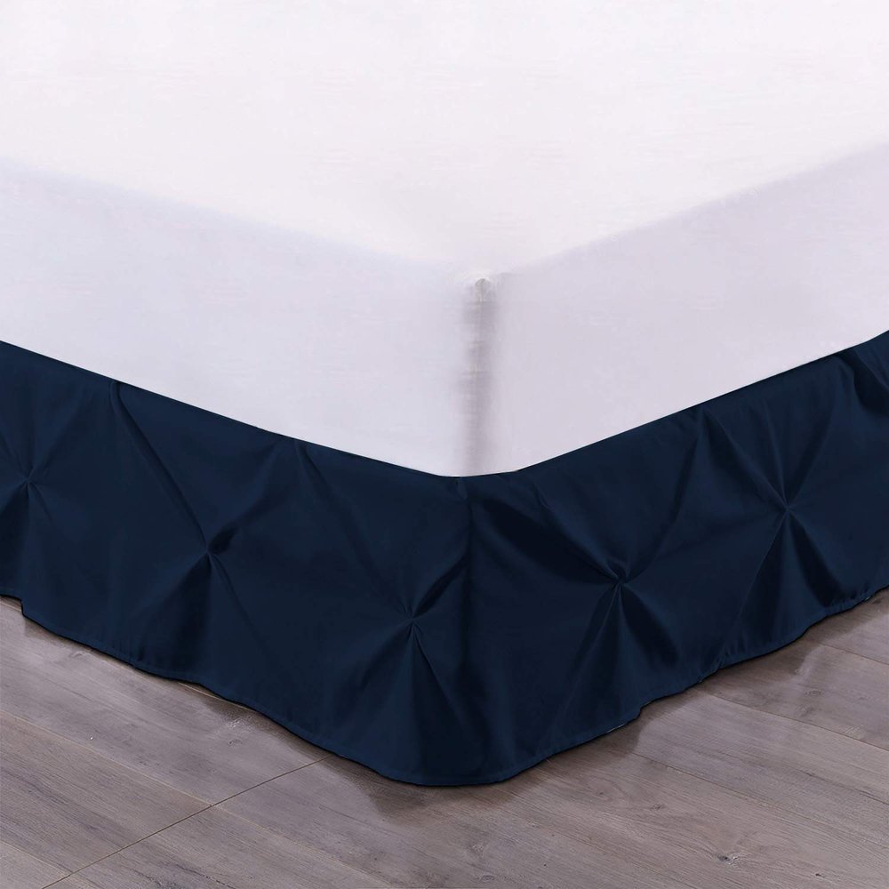 100% Cotton 600 Thread Count Pinch Pleated Bed Skirt, 1 Piece Pinch Pleat Bed Skirt 18" Drop Split Corner Bed Skirt (Queen Size, Navy Blue)