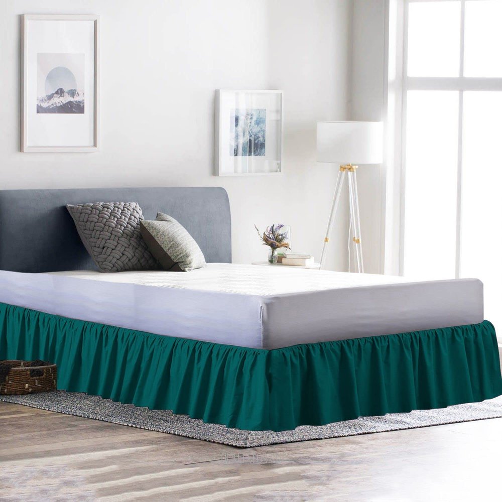 100% Cotton 600 Thread Count 1 Piece Dust Ruffle Bed Skirt 15" Drop Dust Ruffle with Platform, Gathered Styling (Queen Size, Teal)