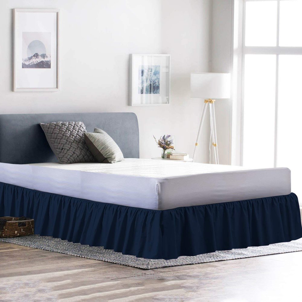 100% Cotton 600 Thread Count 1 Piece Dust Ruffle Bed Skirt 12" Drop Dust Ruffle with Platform, Gathered Styling (Full Size, Navy Blue)