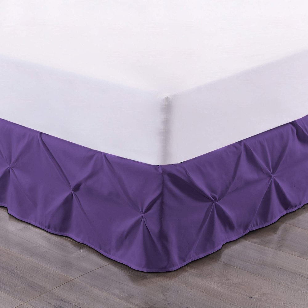 100% Cotton 600 Thread Count Pinch Pleated Bed Skirt, 1 Piece Pinch Pleat Bed Skirt 18" Drop Split Corner Bed Skirt (Queen Size, Purple)