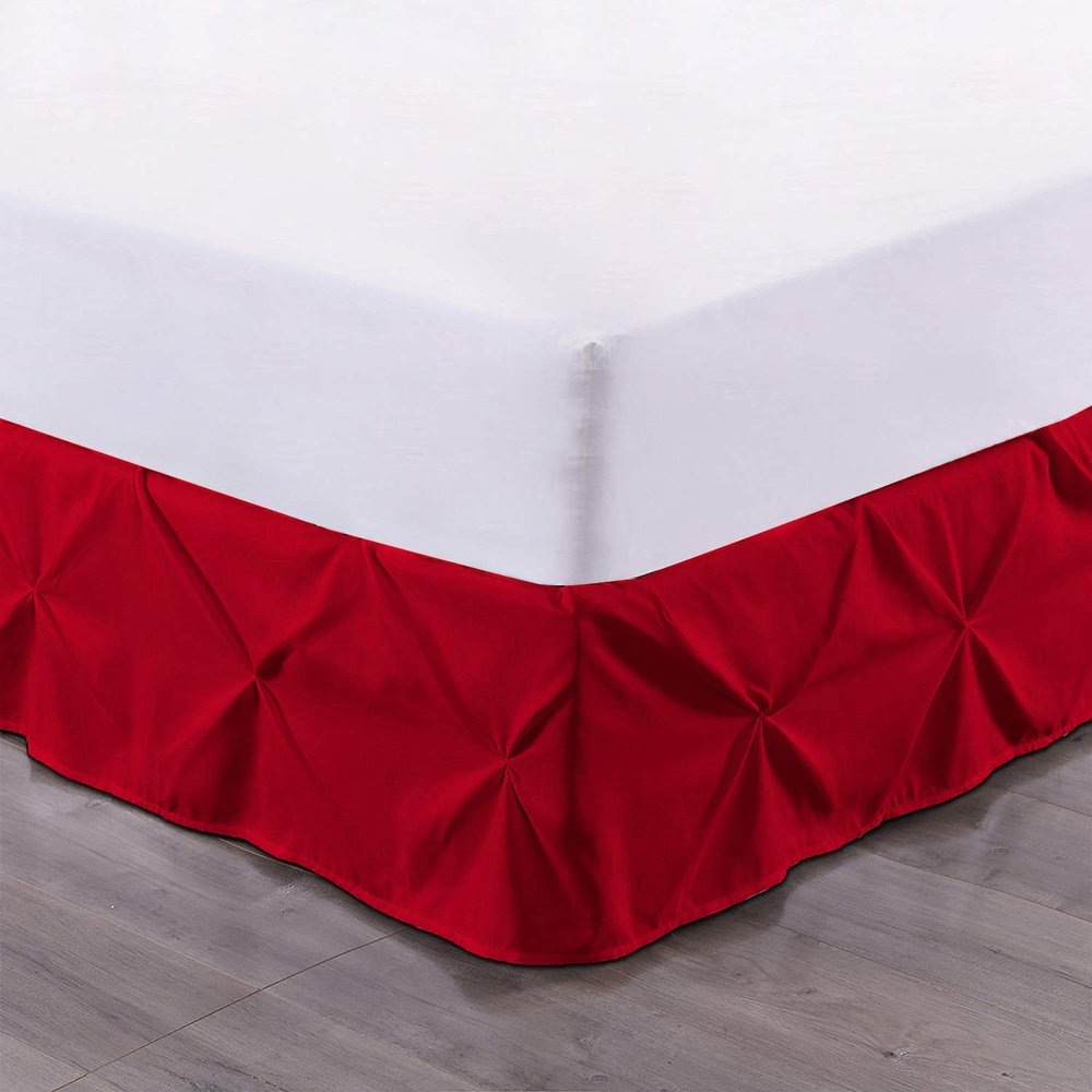 100% Cotton 600 Thread Count Pinch Pleated Bed Skirt, 1 Piece Pinch Pleat Bed Skirt 15" Drop Split Corner Bed Skirt (Queen Size, Red)
