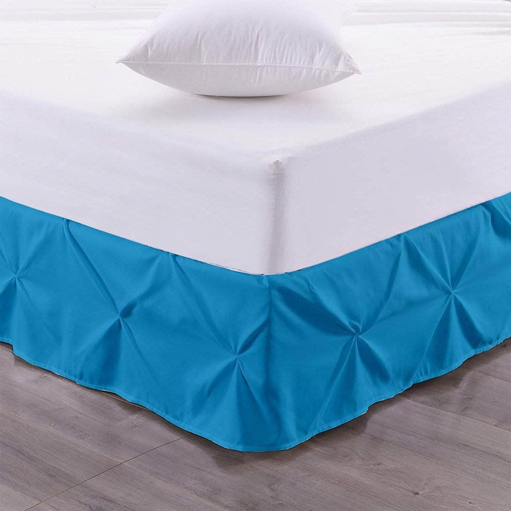 100% Cotton 600 Thread Count Pinch Pleated Bed Skirt, 1 Piece Pinch Pleat Bed Skirt 15" Drop Split Corner Bed Skirt (Queen Size, Turquoise)