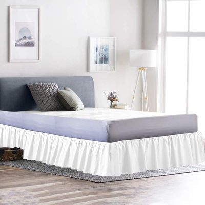 100% Cotton 600 Thread Count 1 Piece Dust Ruffle Bed Skirt 12" Drop Dust Ruffle with Platform, Gathered Styling (Queen Size, White)