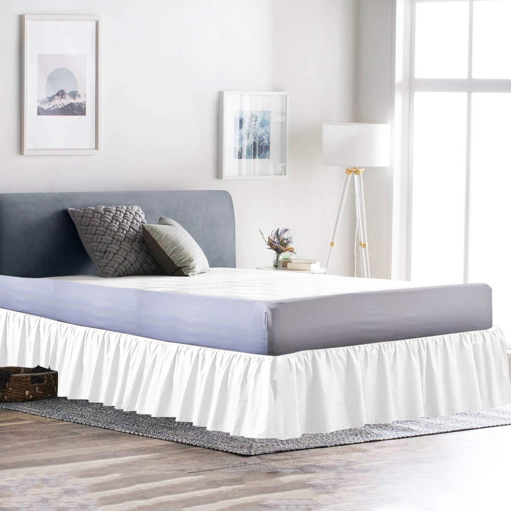 100% Cotton 600 Thread Count 1 Piece Dust Ruffle Bed Skirt 12" Drop Dust Ruffle with Platform, Gathered Styling (Queen Size, White)