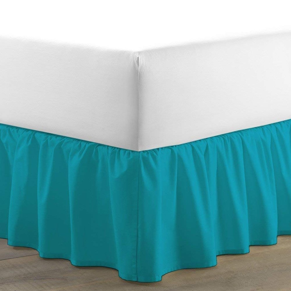 100% Cotton 600 Thread Count 1 Piece Dust Ruffle Bed Skirt 15" Drop Dust Ruffle with Platform, Gathered Styling (Twin Size, Turquoise)