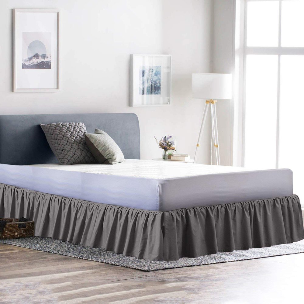 100% Cotton 600 Thread Count 1 Piece Dust Ruffle Bed Skirt 15" Drop Dust Ruffle with Platform, Gathered Styling (Full Size, Dark Grey)
