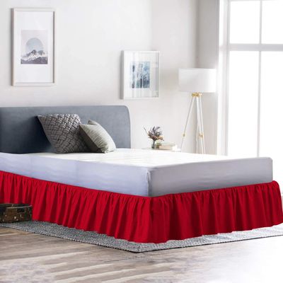100% Cotton 600 Thread Count 1 Piece Dust Ruffle Bed Skirt 15" Drop Dust Ruffle with Platform, Gathered Styling (Queen Size, Red)