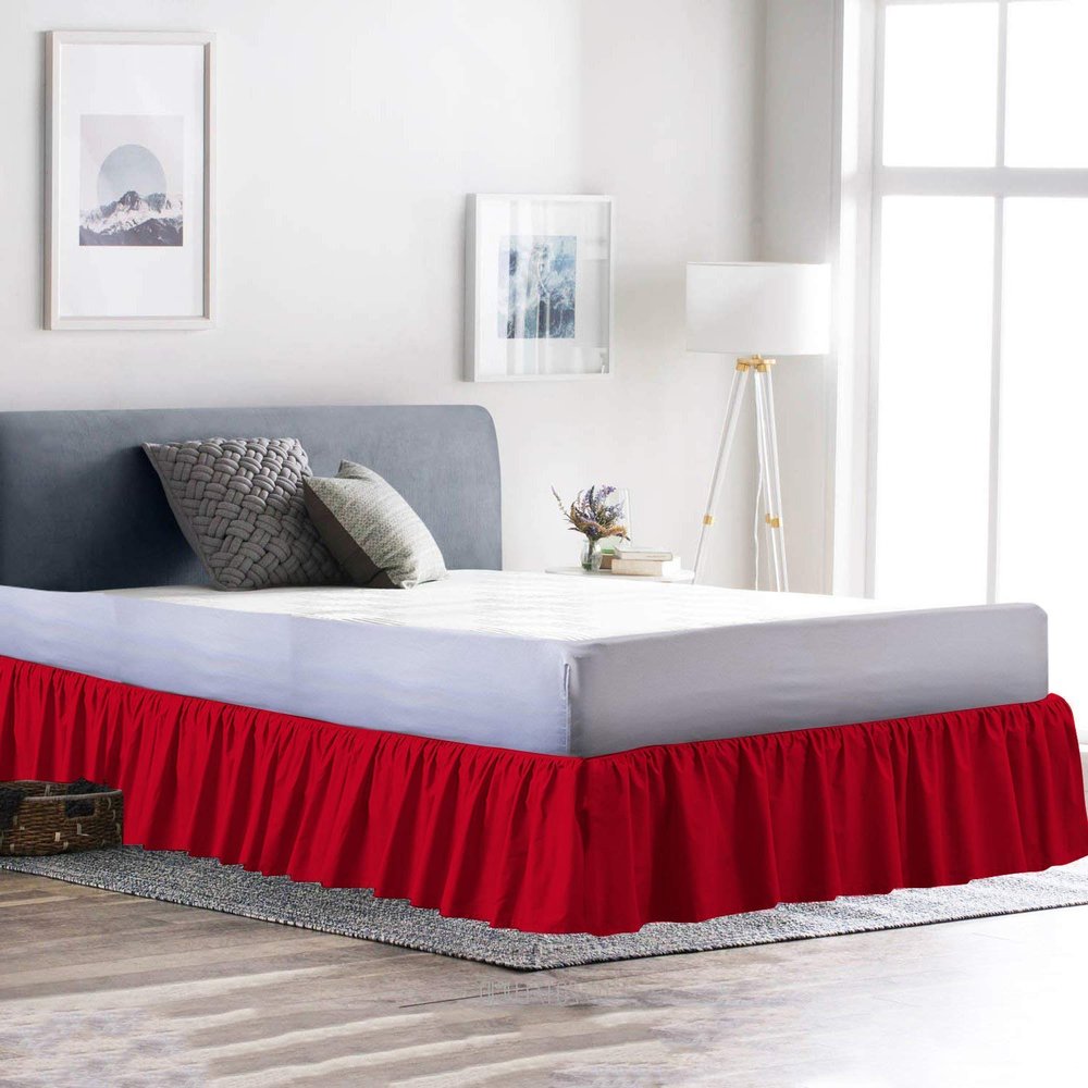 100% Cotton 600 Thread Count 1 Piece Dust Ruffle Bed Skirt 15" Drop Dust Ruffle with Platform, Gathered Styling (Queen Size, Red)