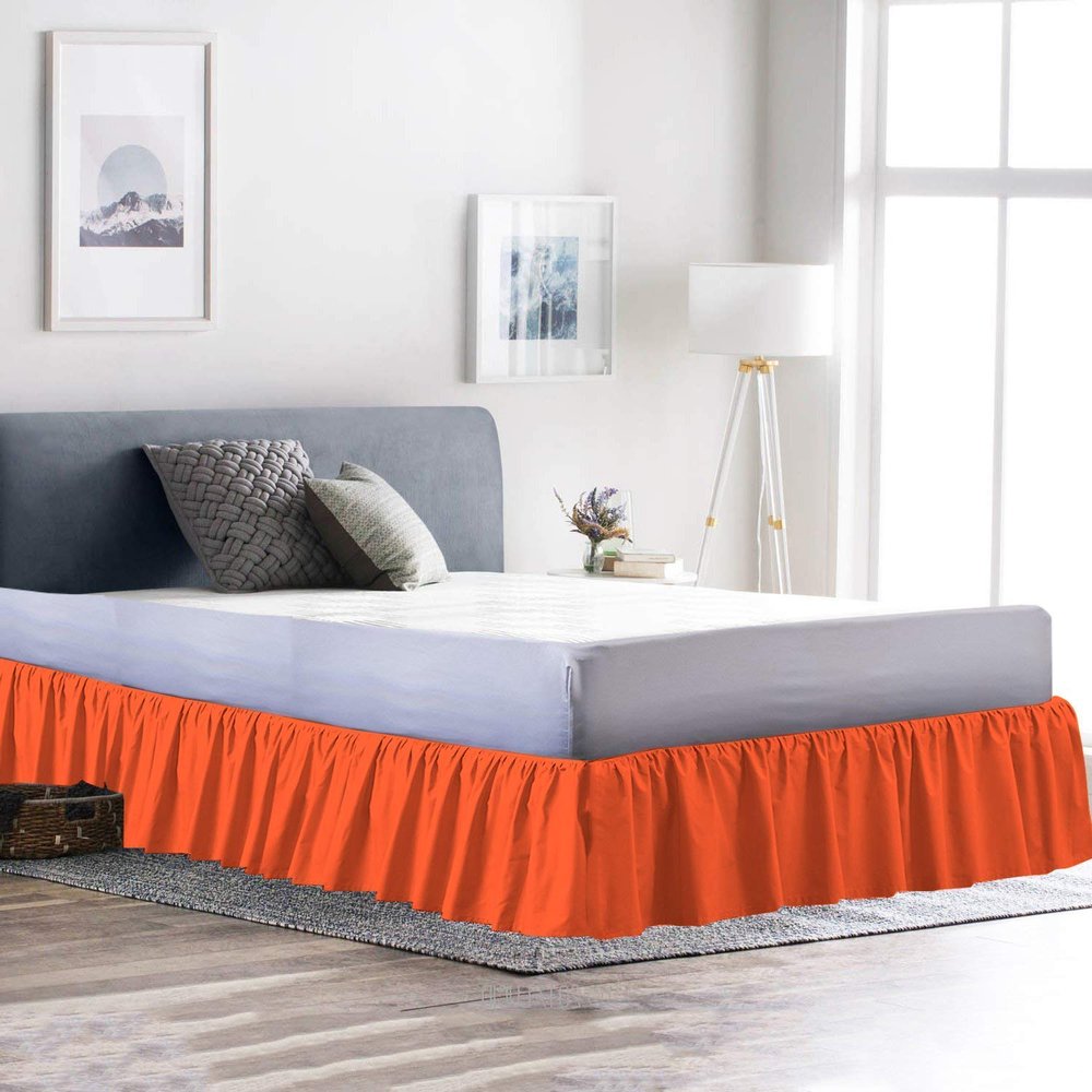 100% Cotton 600 Thread Count 1 Piece Dust Ruffle Bed Skirt 15" Drop Dust Ruffle with Platform, Gathered Styling (Queen Size, Orange)