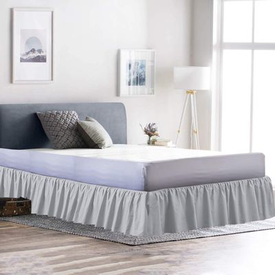 100% Cotton 600 Thread Count 1 Piece Dust Ruffle Bed Skirt 15" Drop Dust Ruffle with Platform, Gathered Styling (Queen Size, Light Grey)