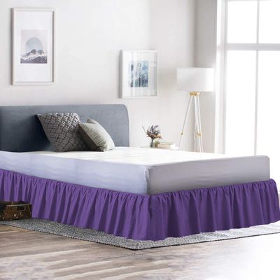 100% Cotton 600 Thread Count 1 Piece Dust Ruffle Bed Skirt 15" Drop Dust Ruffle with Platform, Gathered Styling (Queen Size, Purple)