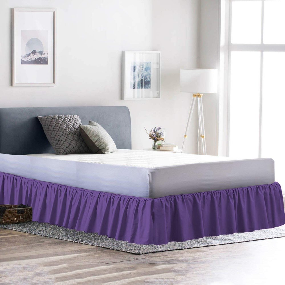 100% Cotton 600 Thread Count 1 Piece Dust Ruffle Bed Skirt 15" Drop Dust Ruffle with Platform, Gathered Styling (Queen Size, Purple)