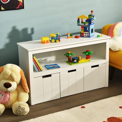 GOFLAME Kids' Toy Storage Cabinet, Wooden Children's Storage Organizer with 3 Removable Drawers, Rolling Wheels and Open Shelf, Kids Bookshelf for Reading, Storing, Playing