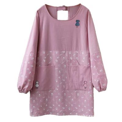 FYYSJW Aprons for Women with Pockets, Cotton And Linen Long Sleeve Aprons,Chef Cooking Cute Work Apron for Teens Adult Smock,Pink,44" Wx34 L
