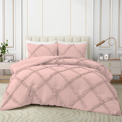 3 Piece Diamond Ruffle Comforter Set 100% Egyptian Cotton 800 Thread Count Premium Hotal Quality 400GSM, Super King (116" x 98") Inches - Blush Solid