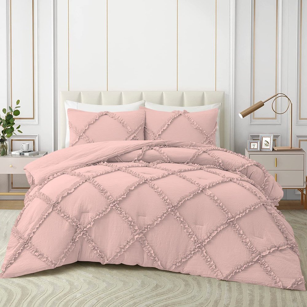 3 Piece Diamond Ruffle Comforter Set 100% Egyptian Cotton 800 Thread Count Premium Hotal Quality 400GSM, Super King (116" x 98") Inches - Blush Solid