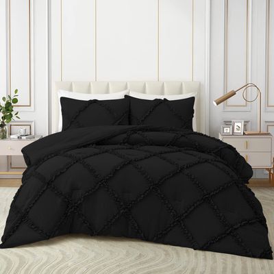 1 Piece Diamond Ruffle Comforter 100% Egyptian Cotton 800 Thread Count Premium Hotal Quality 400GSM, Full/Queen Size (90" x 90") Inches - Black Solid