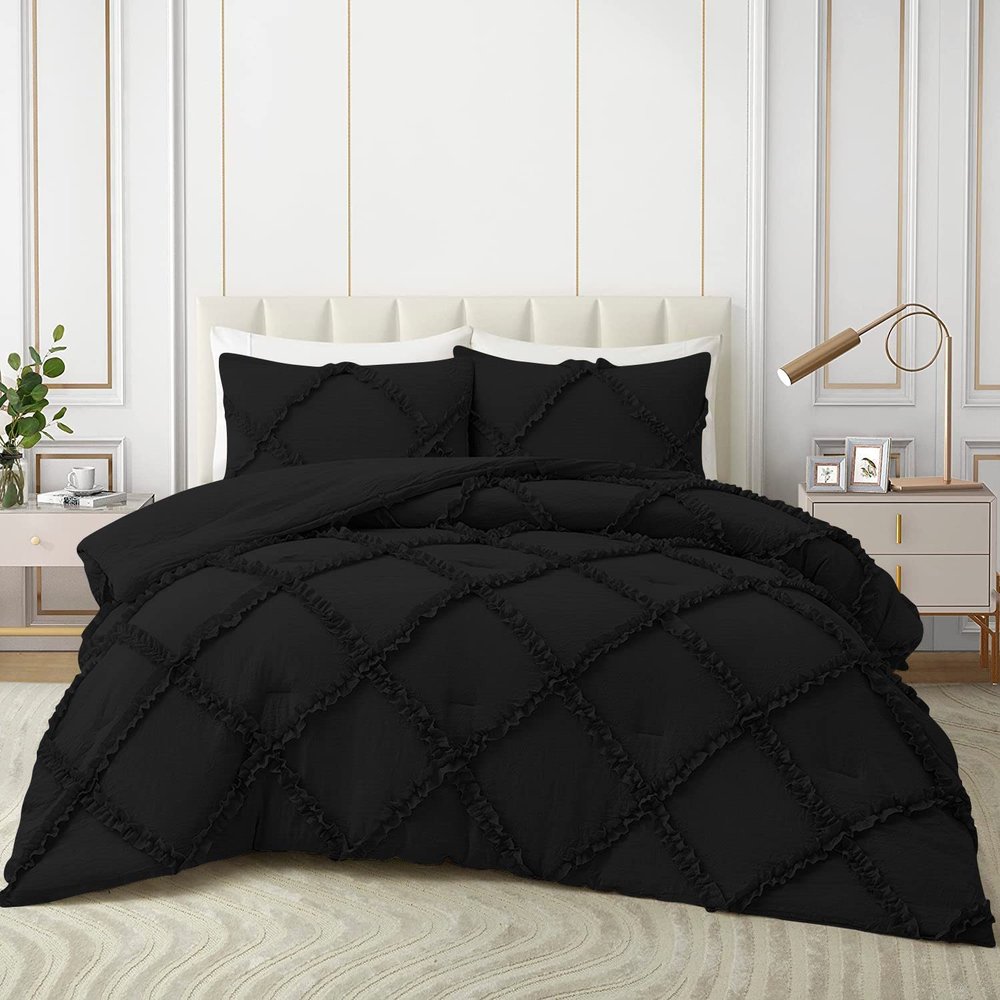 1 Piece Diamond Ruffle Comforter 100% Egyptian Cotton 800 Thread Count Premium Hotal Quality 400GSM, Full/Queen Size (90" x 90") Inches - Black Solid